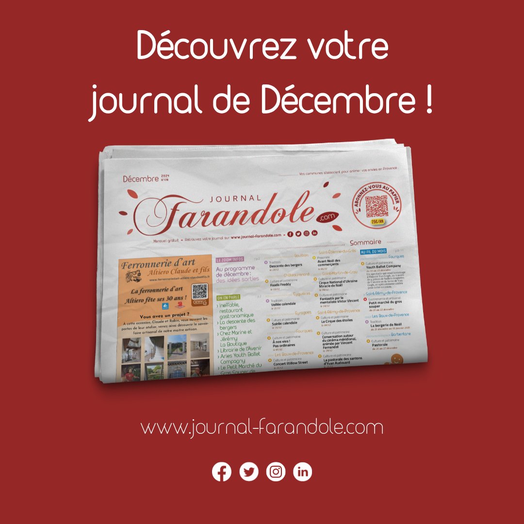 [#VotreJournal🗞] L'hiver approche ! En Décembre, le Pays d'Arles et la Provence vous accueillent grâce à
<a href="/J_Farandole/">Journal Farandole</a> !  

📖urls.fr/C2GnQK
💻swll.to/rFtWg1J
🙏swll.to/BhByN

#Presse #BouchesDuRhône #PaysDArles #Provence #IdéesSorties #Automne #Hiver