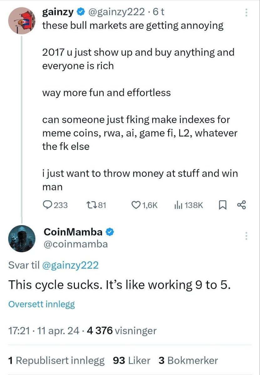 I wasn't around in the 2017 cycle, but I do agree with the take. Impossible to keep up to date in crypto and trading with eg. just a couple of hours per day when your competitors use 14-16 hours.

Nothing wrong with "only" 4h of researching/trading per day, but think it will be