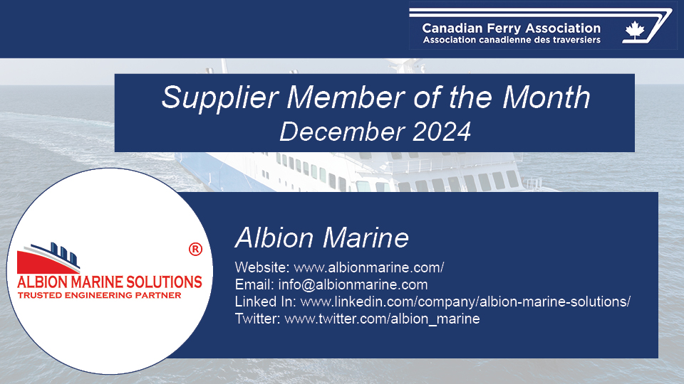 Albion Marine (<a href="/albion_marine/">Albion Marine</a>) is the CFA Supplier Member of the Month!      

Read more about them here: canadianferry.ca/supplier-membe…