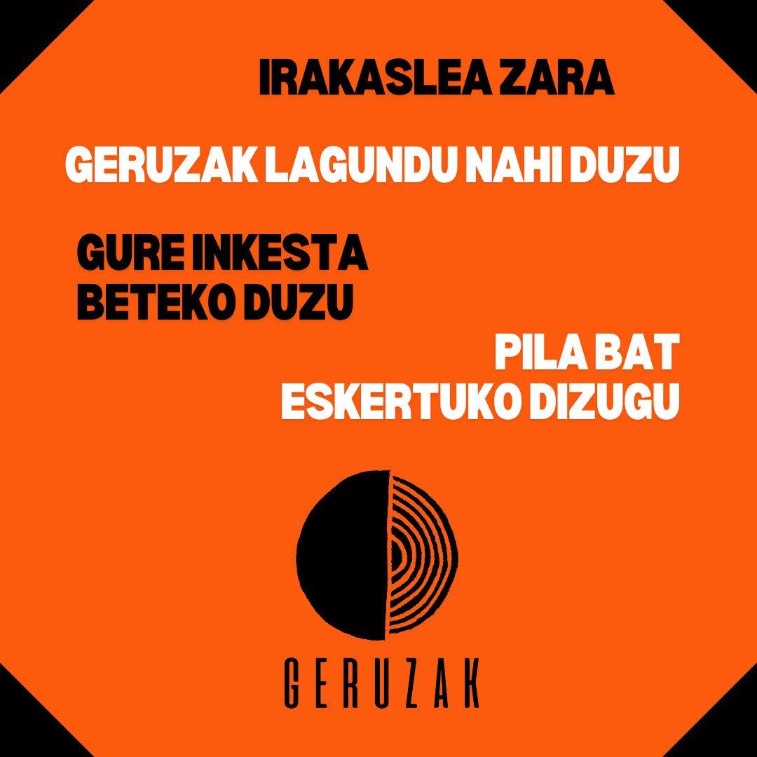 Apakaixo! 
Inkesta bat sortu dugu Geruzak ezagutzen duzuen irakasleentzat. 5-10 minutu hartuko dizkizue, eta guri balioko digu gure materiala modu eraginkorrean zabaltzeko. Behean daukazue esteka. Mila esker eta zabaldu!

✏️📄forms.gle/gR3r82d2bWPLRF…