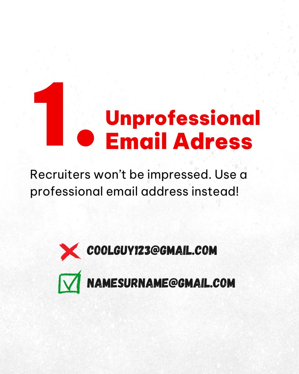 RECREWIT's tweet photo. 🛑 Why your CV shouldn’t include these 3 things!

Your CV is the first impression. Want that job? Then STOP doing this:

1️⃣ Unprofessional Email Address
2️⃣ Typos and Grammar Errors
3️⃣Irrelevant Experience 

#CVTips #JobSearchMadeEasy #ResumeFails https://t.co/NioyL7qke9