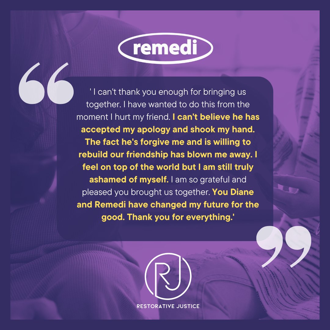 Remedi (@remedirj) on Twitter photo Brilliant feedback from an offender in Cheshire who took part in Restorative Justice. <a href="/RJCouncil/">Restorative Justice Council</a> <a href="/RJAPPG/">Restorative Justice APPG</a> <a href="/AssocPCCs/">Association of Police and Crime Commissioners</a> @MOJGovUK <a href="/CheshirePCC/">Police and Crime Commissioner for Cheshire</a> <a href="/cheshirepolice/">Cheshire Police</a> <a href="/Cheshire_PS/">Cheshire Probation</a> Brilliant feedback from an offender in Cheshire who took part in Restorative Justice. <a href="/RJCouncil/">Restorative Justice Council</a> <a href="/RJAPPG/">Restorative Justice APPG</a> <a href="/AssocPCCs/">Association of Police and Crime Commissioners</a> @MOJGovUK <a href="/CheshirePCC/">Police and Crime Commissioner for Cheshire</a> <a href="/cheshirepolice/">Cheshire Police</a> <a href="/Cheshire_PS/">Cheshire Probation</a>
