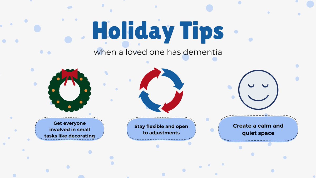 The holiday season can be tough, especially when caring for a loved one with dementia. Here are a few simple ways to help them feel included and make the holidays a little easier for caregivers. These small adjustments can make a big difference!