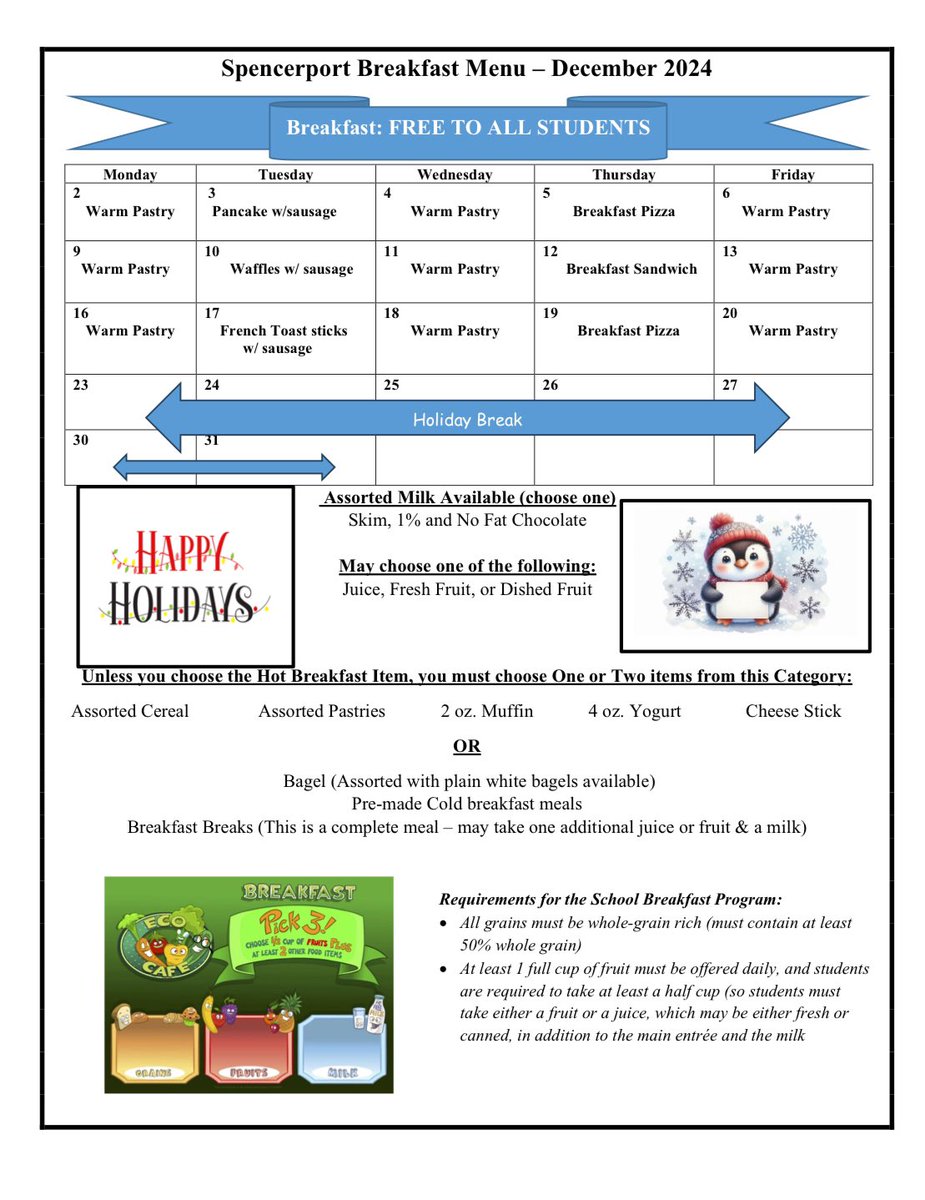 🍏🍕🥯*FREE FOR ALL STUDENTS * December breakfast &amp; lunch menus 🌮🧇🍊