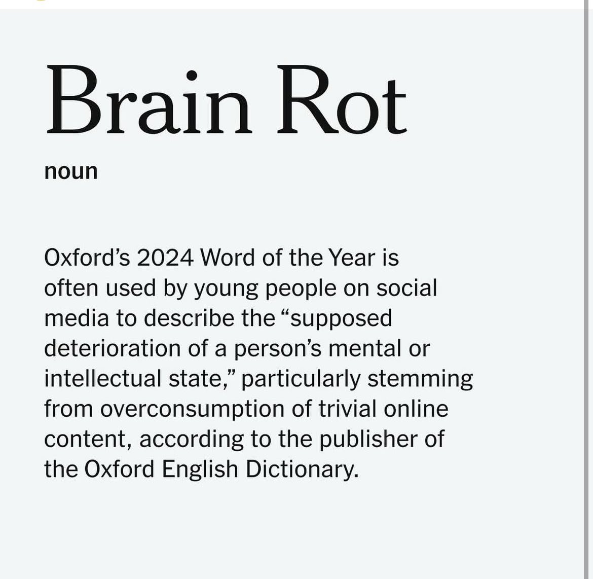 Oxford İngilizce Sözlüğü, 2024 yılının kelimesini seçti: “Brain rot”( beyin çürümesi) 

Kavram, sosyal medyanın gereksiz kullanımını anlatıyor.

serbestiyet.com/featured/2024u…