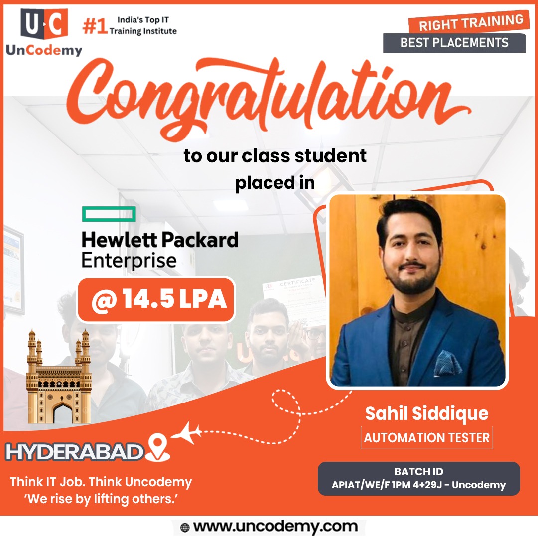 uncodemy's tweet image. 🎉 Congratulations Sahil Siddique! 🎉
We're proud to announce that Sahil Siddique, from our esteemed Automation Testing batch, has been placed at Hewlett Packard Enterprise with an impressive package of 14.5 LPA! 🚀✨
.
.
.
#Uncodemy #ITTraining #AutomationTester #StudentSuccess