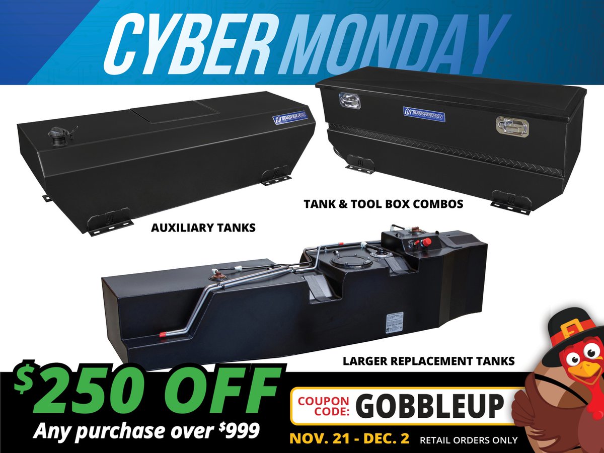 transferflow's tweet image. Our Cyber Monday event is HAPPENING NOW - Save $250 off your purchase of $999 or more. Enjoy discounts on in-bed auxiliary tanks, fuel tank and toolbox combos, and high-capacity replacement tanks. Use the coupon code GOBBLEUP at transferflow.com and save!
#transferflow