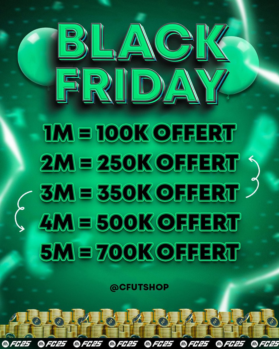 🚨 PROLONGATION OFFRE BLACK FRIDAY JUSQU’A CE SOIR MINUIT ⌛️

38M dispo Console ✅
10M dispo PC ✅

Commande en DM, 100k mini comme d’hab #FC25