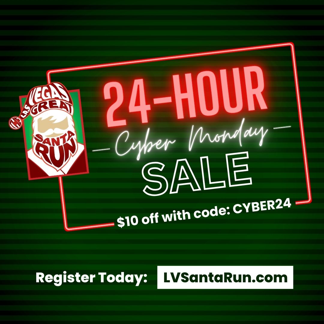 Cyber Monday madness has arrived and we're sharing one final chance to save big on registration for the Las Vegas Great Santa Run!

Lace up your running shoes and snag  today's deal using the promo code CYBER23 to receive $10 off your registration.

🎅 l8r.it/zVzD