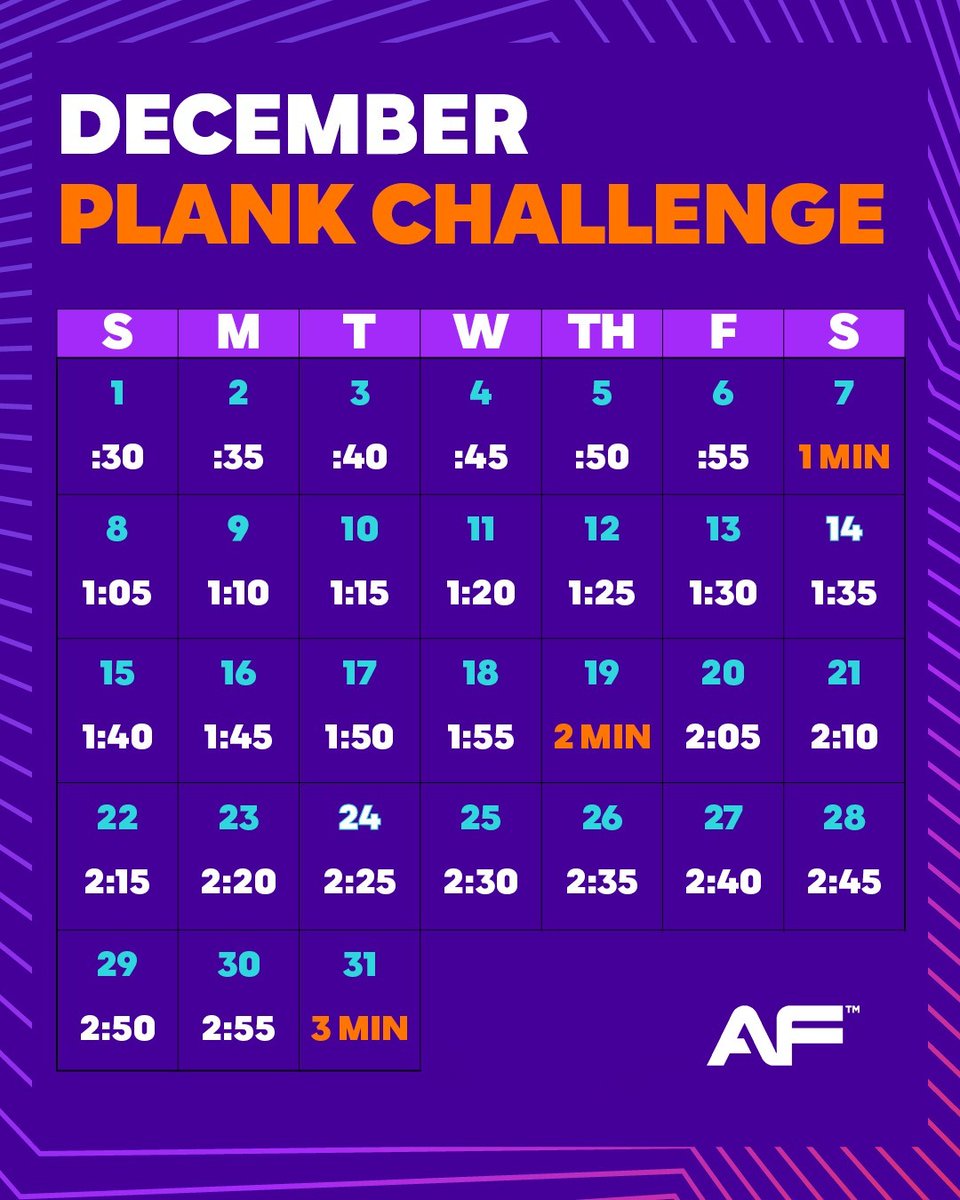 AFRaynesPark's tweet image. Ready to boost your core strength? 💪 Join our December Plank challenge! Begin with 30 seconds and add 5 seconds each day. Let's crush those fitness goals together! #PlankChallenge #StrongCore