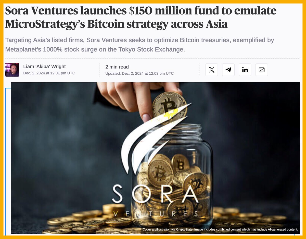 ThuanCapital's tweet image. Sora Ventures ra mắt quỹ 150 triệu USD để áp dụng chiến lược Bitcoin của MicroStrategy trên khắp châu Á

Quỹ này nhằm tái tạo mô hình của MicroStrategy, sử dụng Bitcoin như một tài sản dự trữ chính để tối ưu hóa chiến lược tài chính và gia tăng giá trị cho…