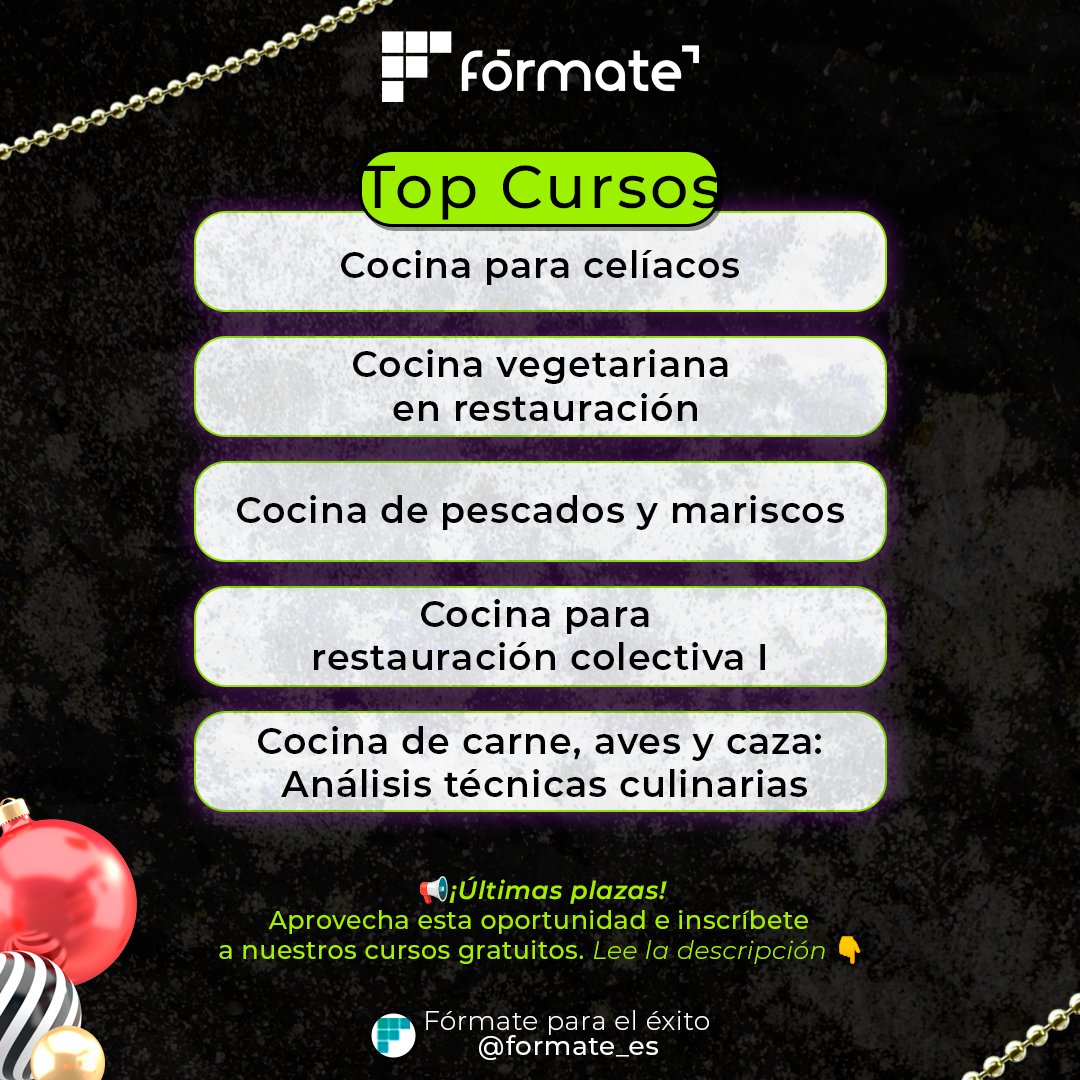 🍳 ¡Diciembre viene cargado de sabor! 🎄✨👨‍🍳 Aprende a cocinar como un profesional con nuestros cursos gratuitos para el sector Hostelería y Turismo. 🦐🍴 ¡Inscríbete ahora! tinyurl.com/7d5aztck
#cursosonline #cursosgratuitos #cursosgratis #gratis #Formate_es