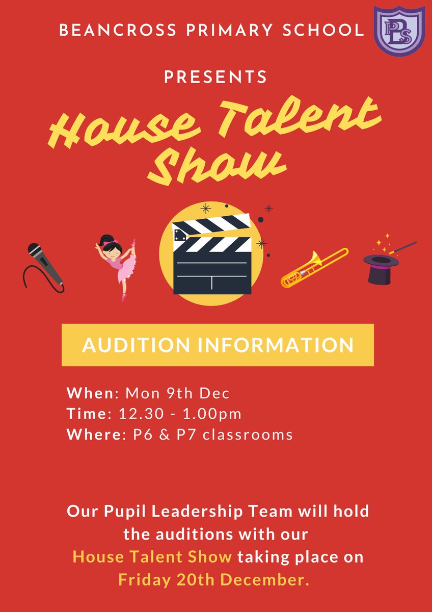 ✨SCHOOL TALENT SHOW ✨

📣 Calling all P1-7 pupils! 📣

Are you ready for our annual House Talent show? 🤩

📆 Our Pupil Leadership Team are holding auditions next Mon (9th) - See info below ⬇️

We can’t wait to see the amazing talent we have <a href="/BeancrossPS/">Beancross Primary</a>! 🤸🏻‍♂️ 🎤 🎾 🕺 🪄 🎭 🎶🎻