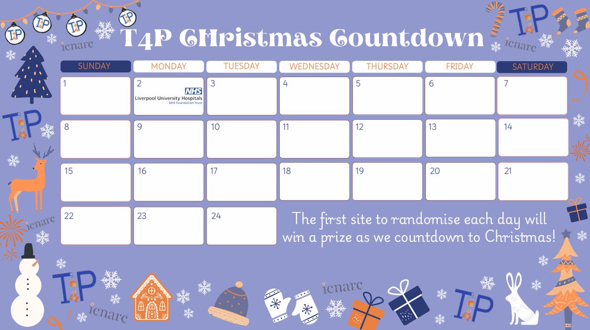T4P Study (@t4pstudy_icnarc) on Twitter photo T4P Christmas Countdown! Every day in December the first site to randomise will win a prize as we countdown to the big day... ๐
We're already in full swing with Royal Liverpool randomising first today - congratulations <a href="/LivCritCare/">Royal Liverpool Critical Care Research Group</a> ๐๐ T4P Christmas Countdown! Every day in December the first site to randomise will win a prize as we countdown to the big day... ๐
We're already in full swing with Royal Liverpool randomising first today - congratulations <a href="/LivCritCare/">Royal Liverpool Critical Care Research Group</a> ๐๐