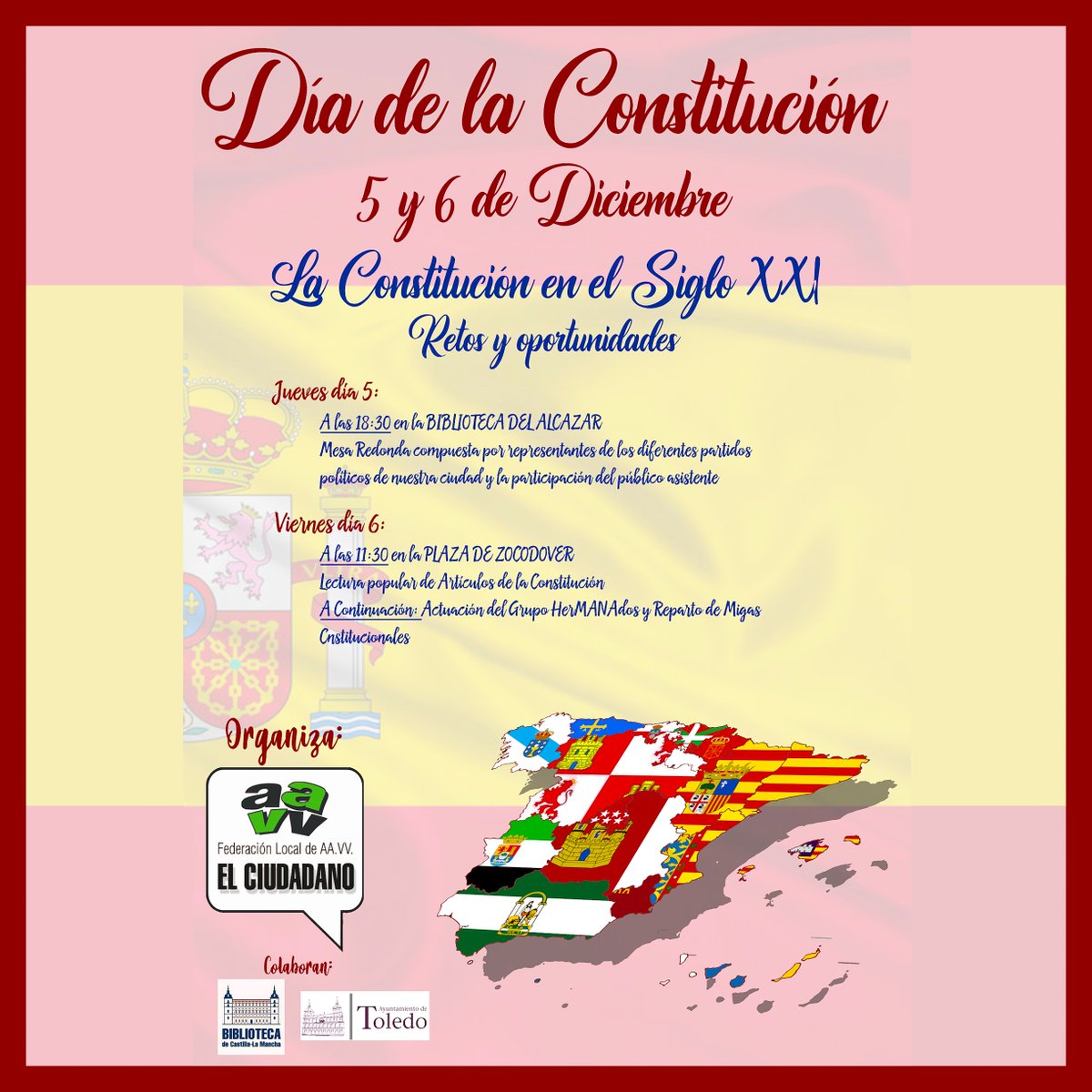 #Toledo #Vecindario #Constitución 
📢La <a href="/FedAAVVToledo/">Fed. Asociaciones Vecinales de Toledo El Ciudadano</a> celebra con el vecindario el día de la Constitución.
🗓️5 DIC 18:30H.
🗨️Mesa redonda.
🗺️Biblioteca CLM "Alcazar".
🤝Colabora @BiblioCLM. 
🗓️6 DIC 11.30H.
🎙️Lectura, 🎶música y 🍲migas.
🗺️Pza. Zocodover.
🤝Colabora <a href="/ToledoAyto/">Ayuntamiento de Toledo</a>.