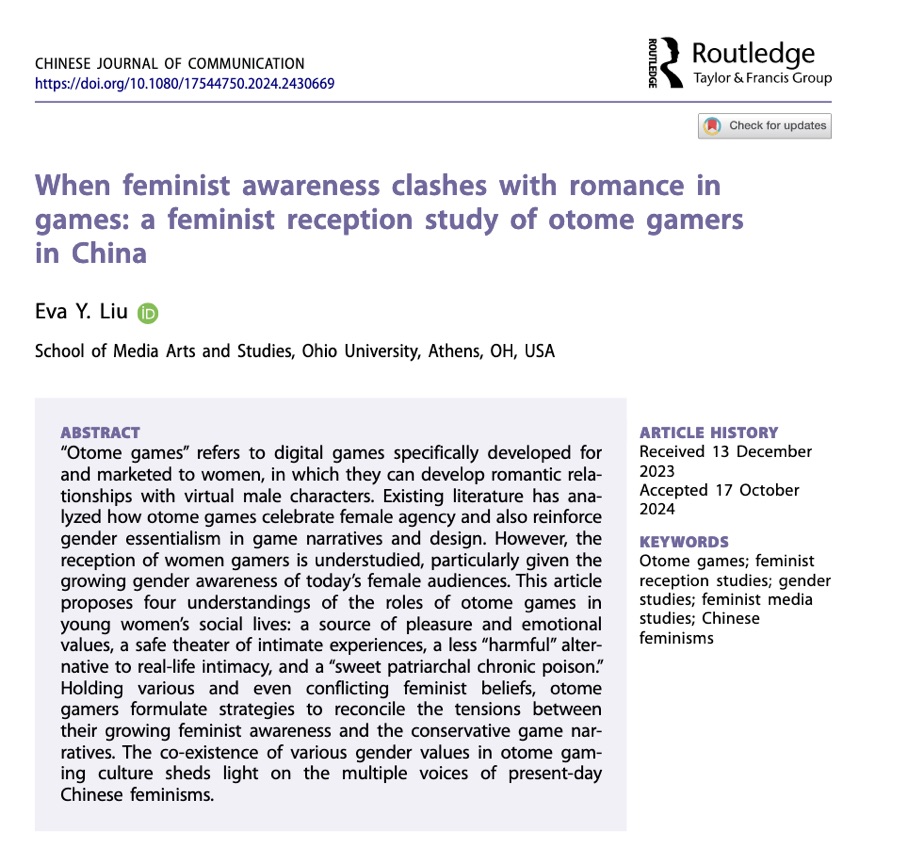 Eva Y. Liu (@evaliumedia) on Twitter photo 🚨 New Publication Alert! 🚨
Excited to share my latest article: When feminist awareness clashes with romance in games: a feminist reception study of otome gamers in China, now out in Chinese Journal of Communication! 📰 <a href="/CJC_Journal/">Chinese Journal of Communication</a>
Free online copies: tandfonline.com/eprint/QHTQWZ5… 🚨 New Publication Alert! 🚨
Excited to share my latest article: When feminist awareness clashes with romance in games: a feminist reception study of otome gamers in China, now out in Chinese Journal of Communication! 📰 <a href="/CJC_Journal/">Chinese Journal of Communication</a>
Free online copies: tandfonline.com/eprint/QHTQWZ5…