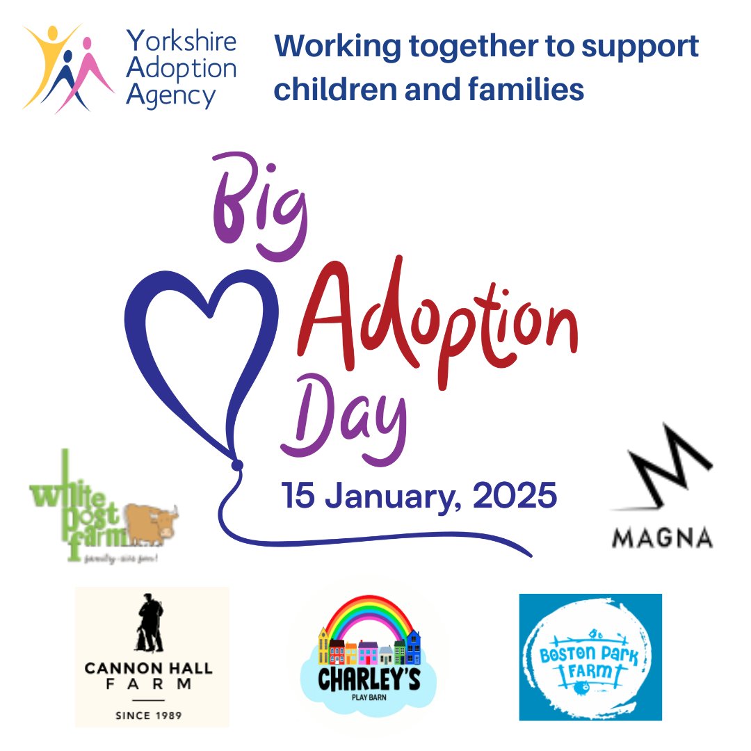Y_Adopt's tweet image. On 15th Jan 2025, YAA and their fellow VAAs from across the country are taking part in #BigAdoptionDay 2025!  To celebrate, several Yorkshire based organisations have joined us, offering free and discounted entry for a family day out! 😊yorkshireadoptionagency.org.uk/big-adoption-d…