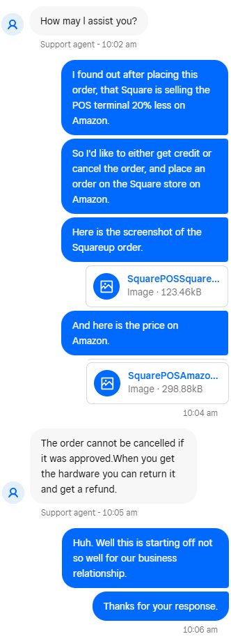 Well, my relationship with <a href="/Square/">Square</a> is starting off with a bust <sad trumpet sounds>
You guys causing frustration right out of the gate seems a poor policy. I guess I have to start looking for alternatives, and I haven't even finished setting up.