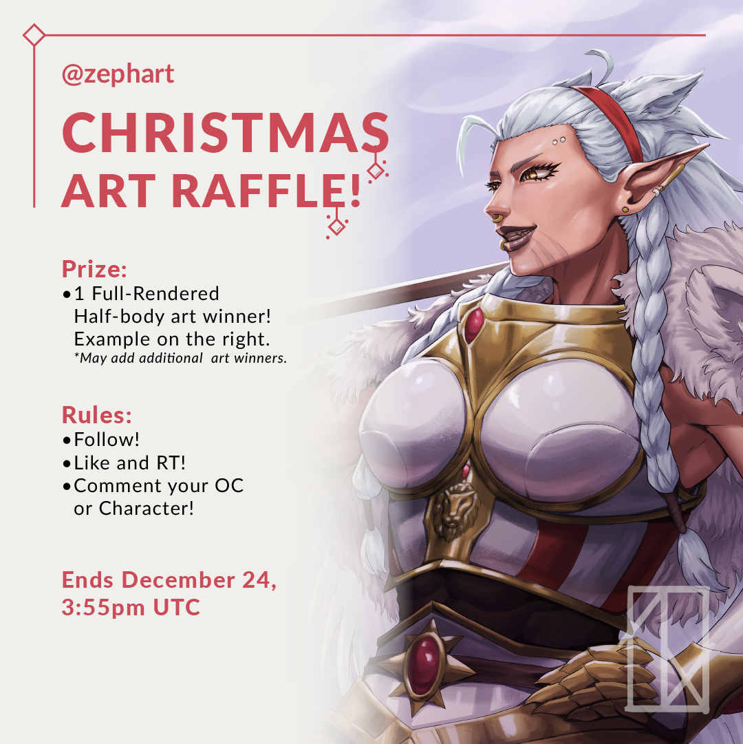 Sincerest thanks to all for getting me to 3k! I'll be doing a little Christmas raffle to show my appreciation!

✨Rules✨ 
🎄Like &amp; Follow!
🎄RT!
🎄Drop your OC or character in the comments!
⌛️Ends Dec 24, 3.55pm UTC

I am truly thankful for everyone's support here!😊 #artraffle