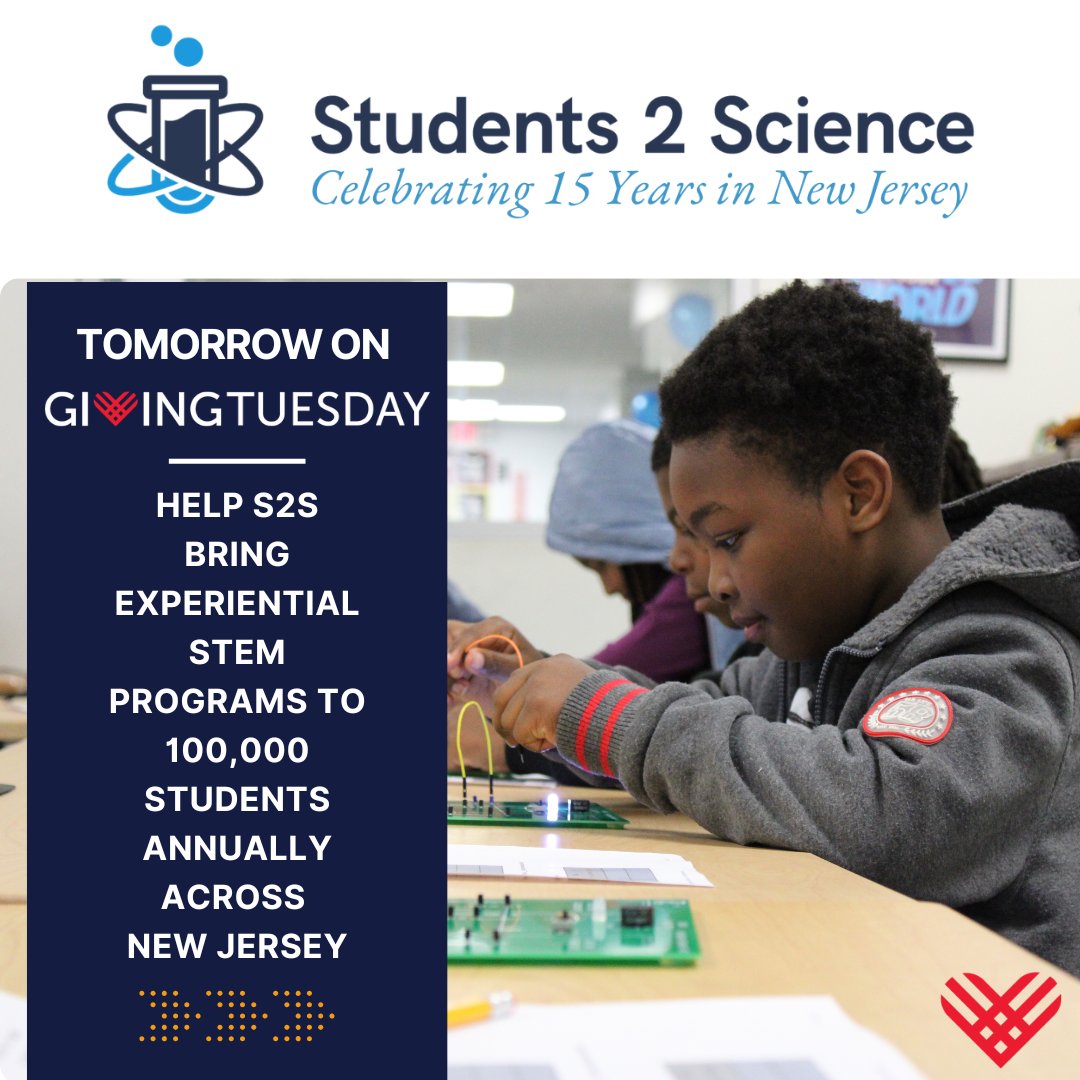 2024 marks 15 years of S2S empowering students to succeed with STEM. Tomorrow help us prepare for the next 15 as we gear up for the opening of a brand-new learning space in Fall 2025 &amp; expand outreach to 100,000 students. Donate today &gt;register.students2science.org/give
#givingtuesday