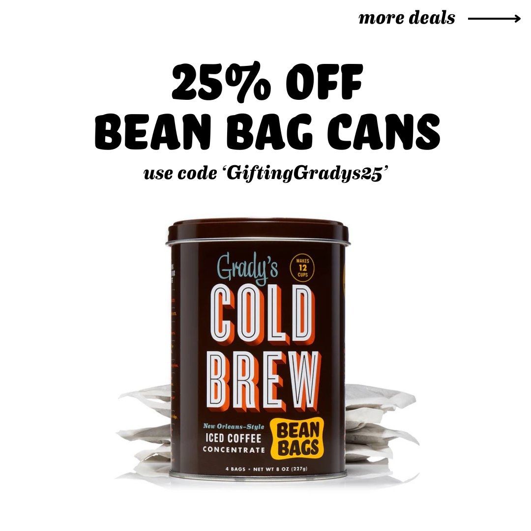 GradysColdBrew's tweet image. Quick reminder—our Grady’s deals end TONIGHT at 11:59 PM EST.

🔐 Use code 'GiftingGradys15'
👉 15% off of all Cold Brew Kits and Spouches

🔐 Use code 'GiftingGradys25'
👉 25 % off of Bean Bag Cans

From the bottom of hearts, thank you for your support &amp;lt;3