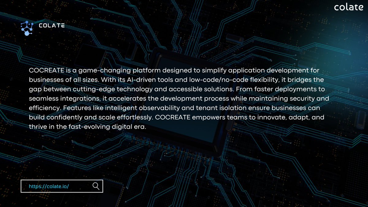 ColateAi's tweet image. COCREATE simplifies innovation with AI-driven tools and low-code solutions, enabling fast, secure, and efficient app development for businesses.

#COCREATE #AIInnovation #LowCodeTech #ColateLtd