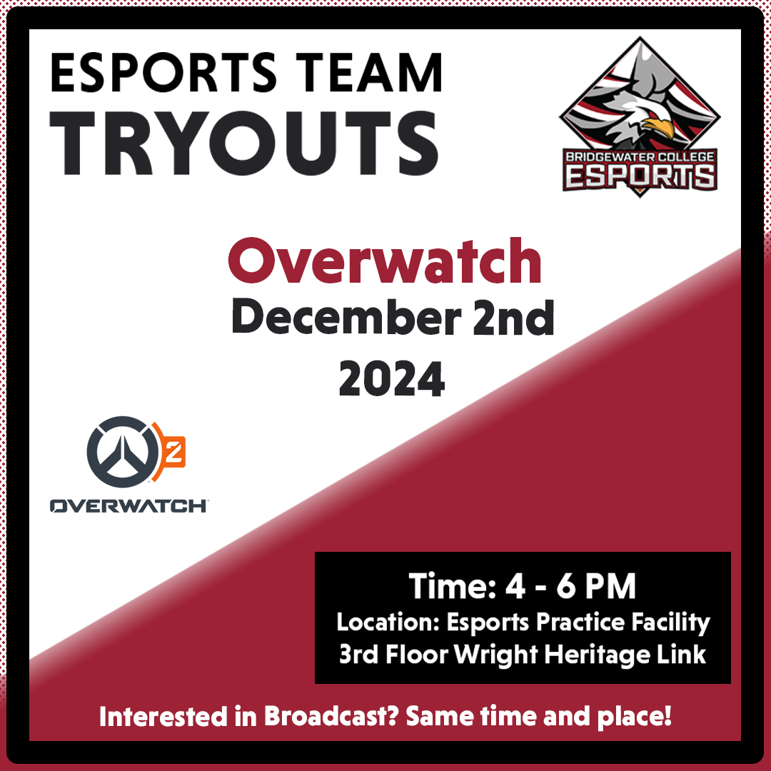 Team Tryouts begin NOW! Tryout for the Overwatch 2 team today.

Time: 4:00 - 6:00 PM
Location: Esports Practice Facility on the 3rd Floor Wright and Heritage Link

Questions? Reach out to esports@bridgewater.edu
#bridgewatercollege #esports #team #gaming #tryouts #overwatch2