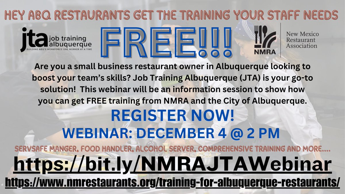 ONLY 2 DAYS LEFT!! Are you a small restaurant owner in Albuquerque looking to elevate your team and enhance your business? Job Training Albuquerque (JTA) is here to help you thrive. Register now for our exclusive webinar on Dec. 4 @ 2 PM to learn more. 
web.nmrestaurants.org/events/NMRAWeb…