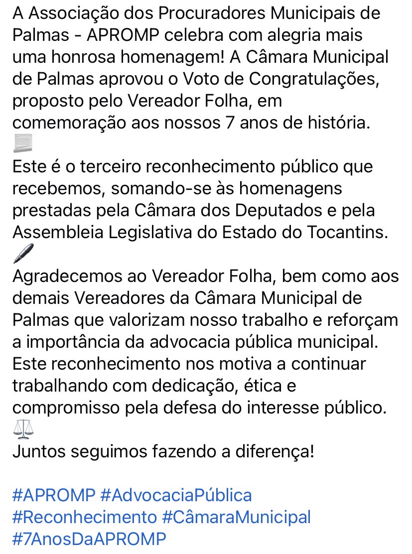 APROMP recebe homenagem da Câmara Municipal de Palmas em alusão aos seus 7 anos de fundação. Confira👇🏽