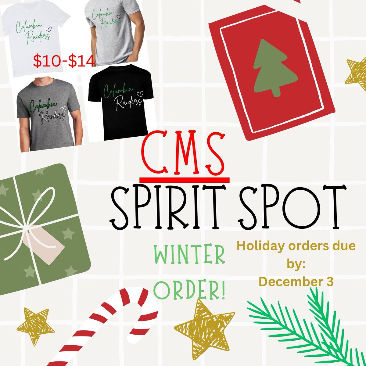 It's not too late to get orders in for Holiday delivery!! Orders due by tomorrow, December 3 to ensure delivery before winter break! All designs created by our own CMS students :) <a href="/RaiderMiddle/">Columbia MS</a> <a href="/graigbansek/">Raider Nation</a> <a href="/LCaseCMS/">Mrs. Case</a> <a href="/CMS_MrGordon/">Mr. Gordon</a> <a href="/MrsDaymut/">Jacki Daymut</a>