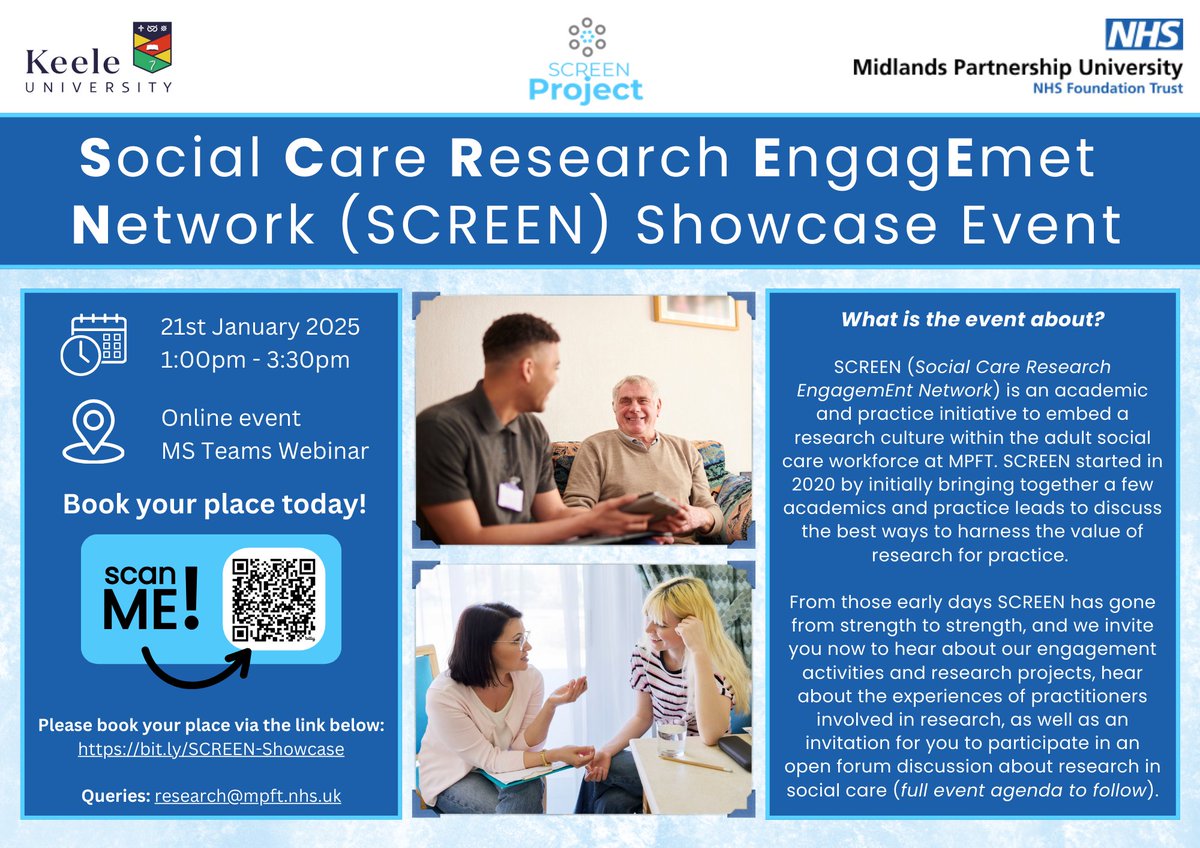 .<a href="/mpftnhs/">Midlands Partnership University NHS FT</a> Social Care Research Engagement Network (SCREEN) Showcase

21st January, 1-3.30pm, Online

SCREEN is an academic and practice initiative aimed at embedding a research culture within the adult social care workforce at MPFT.

Register here: bit.ly/SCREEN-Showcase
