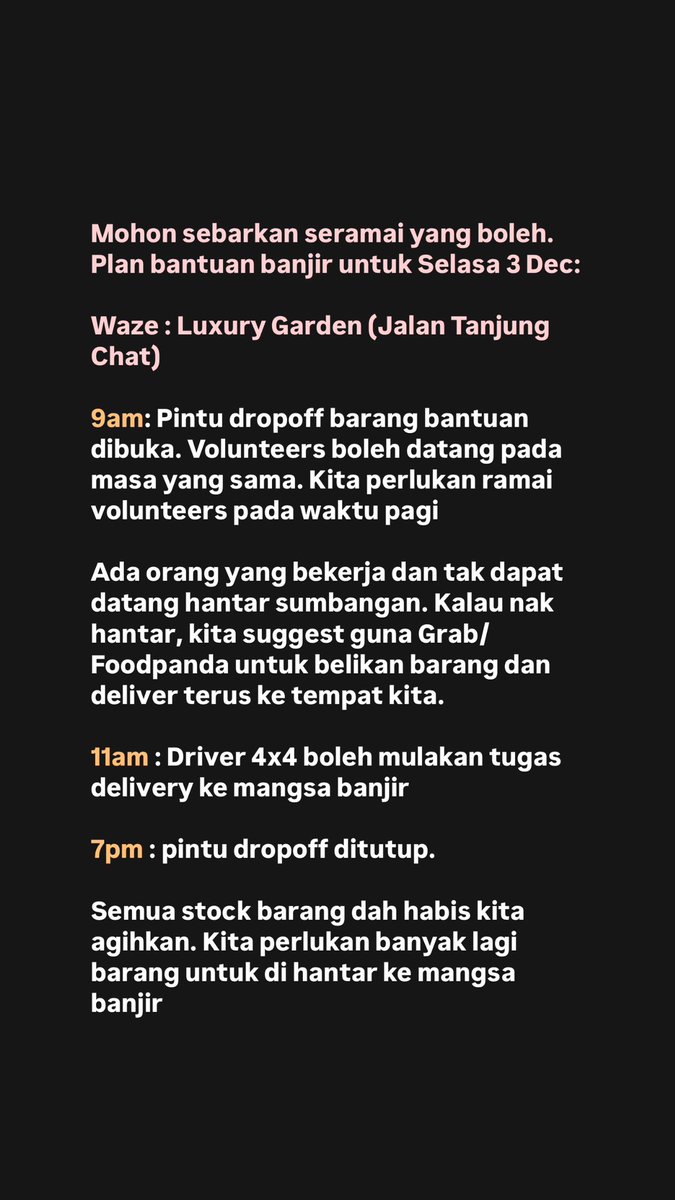 khairulaming's tweet photo. Mohon rt seramai yang boleh. Plan bantuan banjir untuk Selasa 3 Dec. Kita perlukan ramai volunteers pada waktu pagi. 

Kalau anda nak hantar sumbangan tapi tak dapat hadirkan diri, boleh order barang melalui Grab/Foodpanda and deliver ke tempat kita https://t.co/6ltZtRGWC0