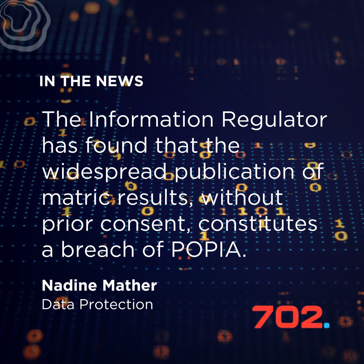 Bowmans_Law's tweet photo. IN THE NEWS 🇿🇦| The annual publication of #matricresults - accompanied by a celebration of academic milestones - has been banned by @InforegulatorSA as it constitutes a breach of #POPIAct. Nadine Mather joins @Radio702's @BraAubrey to discuss. Listen here: https://t.co/Rxu5cjzfYf https://t.co/0KcHgeesaC