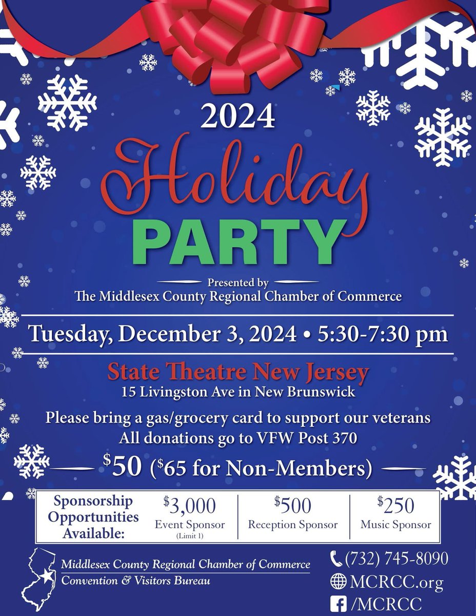Last chance to register! Join us tomorrow, December 3rd for the Annual Holiday Party at State Theatre New Jersey.

Please bring a Gas or Grocery/Food Card for Donation to Our Veterans. Light food will be provided with a cash bar.

Register at mcrcc.org/event/2024-hol…