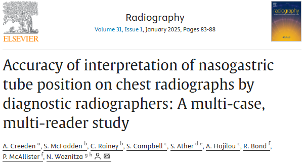 📢Research article available!
📰 Accuracy of interpretation of nasogastric tube position on chest radiographs by diagnostic radiographers: A multi-case, multi-reader study
🖊️A. Creeden et al
🔗 doi.org/10.1016/j.radi…