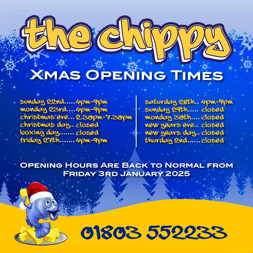 TheChippyTorbay's tweet photo. Check out our festive opening hours for the holiday season at The Chippy. We look forward to welcoming you!
https://t.co/YQVn776akw
#HolidayHours #FestiveSeason #TheChippy #WelcomeToTheChippy #HappyHolidays #CelebrateWithUs #SeasonalOpening https://t.co/lgehlU05fr
