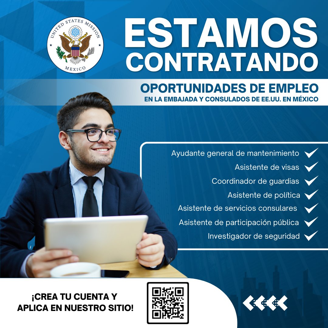¡Vacantes de esta semana!
Trabaja en la Embajada o en los Consulados de los Estados Unidos en México. ¡Crea tu cuenta y postúlate en nuestro sitio! usembmx.com/EmbJOBS #TrabajaConNosotros