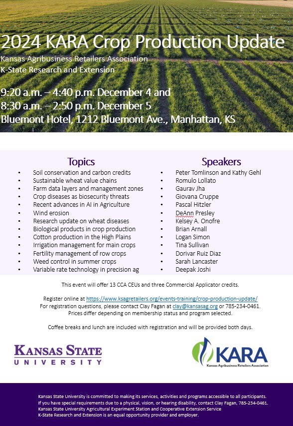This week, <a href="/KStateAgron/">K-State Agronomy</a> and Kansas Ag Retailers Association are hosting the 2024 KARA Crop Production Update in Manhattan! Great program line up! Make sure and register to attend! 12 CCA CEUs will be offered. <a href="/KStateRE/">K-State Research and Extension</a> <a href="/KansasWheat/">KansasWheat</a> 

web.ksagretailers.org/atlas/events/1…