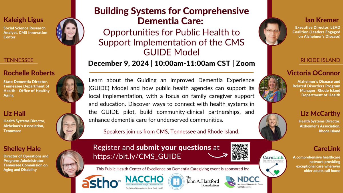 👉There's still time to register! Join us next week, 12/9/24.

Learn about the GUIDE Model and how public health can support its local rollout, focusing on family caregiver support, partnerships &amp; improving dementia care. 
Register &amp; submit questions: bit.ly/CMS_GUIDE