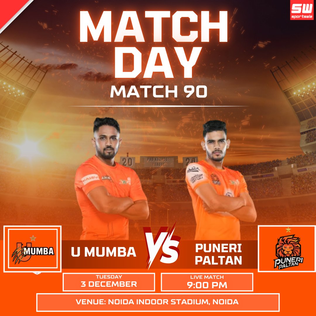 mysportswiz's tweet photo. MATCH DAY !!
Get ready for the exciting Kabaddi match clash between U Mumba and Puneri Paltan in match-90 in the Pro Kabaddi league season-11,2024..
https://t.co/kCz3JZ039T
#OIDs #AjinkyaRahane #KarunNair #RohitSharma #VANDijk #Guinea #AbuBhabiT10 #T10Match #PKL2024 #ProKabaddiLeague2024 #Cricke