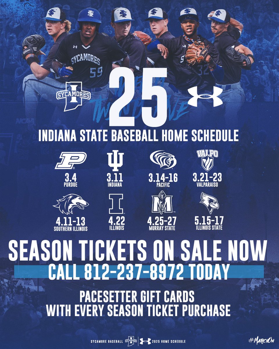 Indiana State Baseball 2025 season tickets on sale now; Pacesetter Gift Cards Included with Purchase

bit.ly/3CYi4qE

#MarchOn