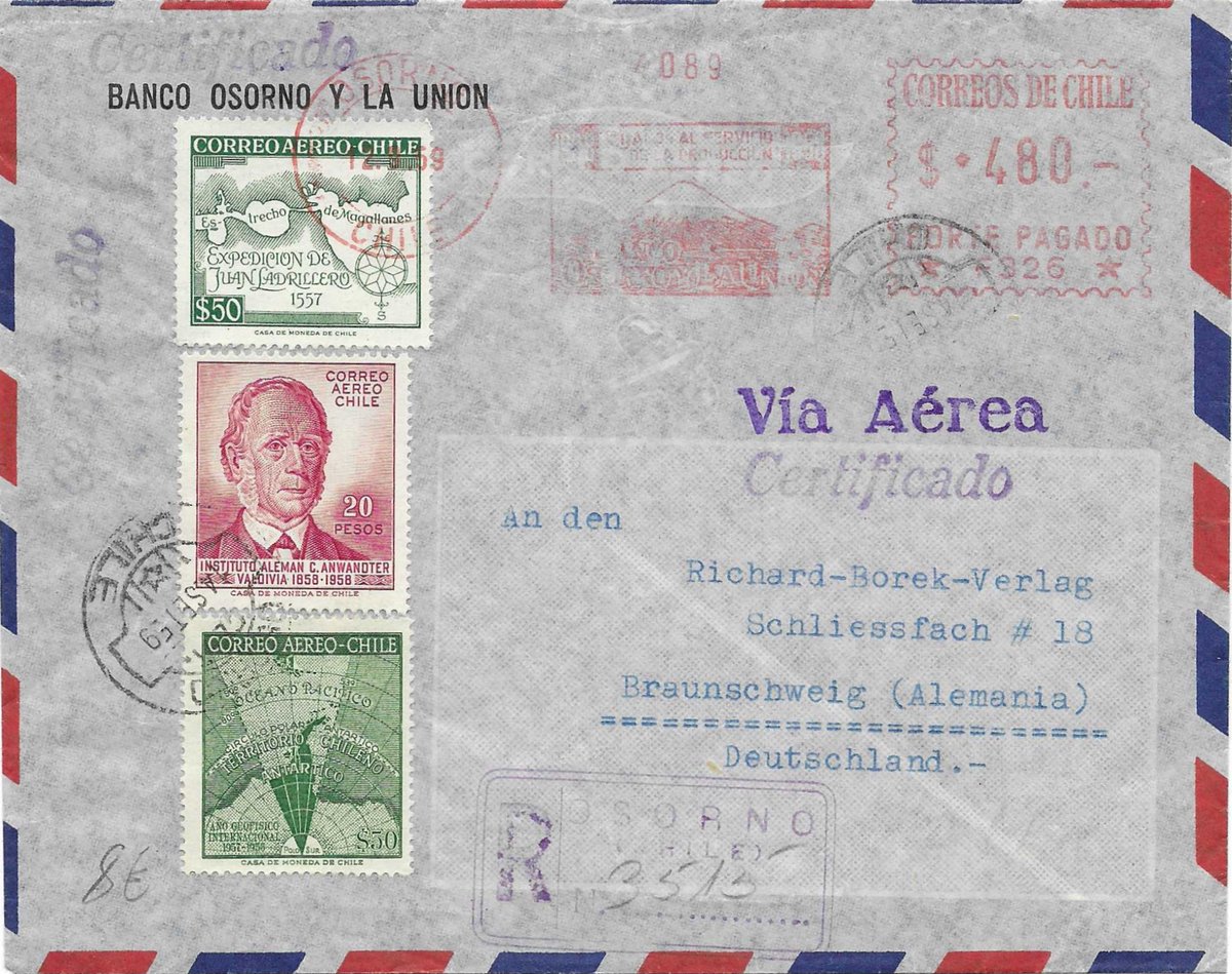 merkkeilija's tweet photo. Chilen postihistoriasta esillä Postimerkkeilijä Bloggaa -blogissa kirjattu kirje lentopostissa Osornosta 14.9.1959 Saksaan. #chile #postihistoria #kirje #kirjattuposti #lentoposti #osorno #postalhistory #letter #registeredmail #airmail https://t.co/qD1UZB5kOS