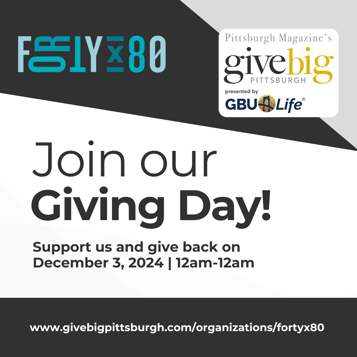 pghtech's tweet photo. Fortyx80 is so excited to be a part of Give Big Pittsburgh! You can support our campaign by visiting our page and donating TOMORROW, December 3!

Donation link: https://t.co/WTocKe21Le

#GiveBigPittsburgh #GivingTuesday https://t.co/Z5070ky7CS
