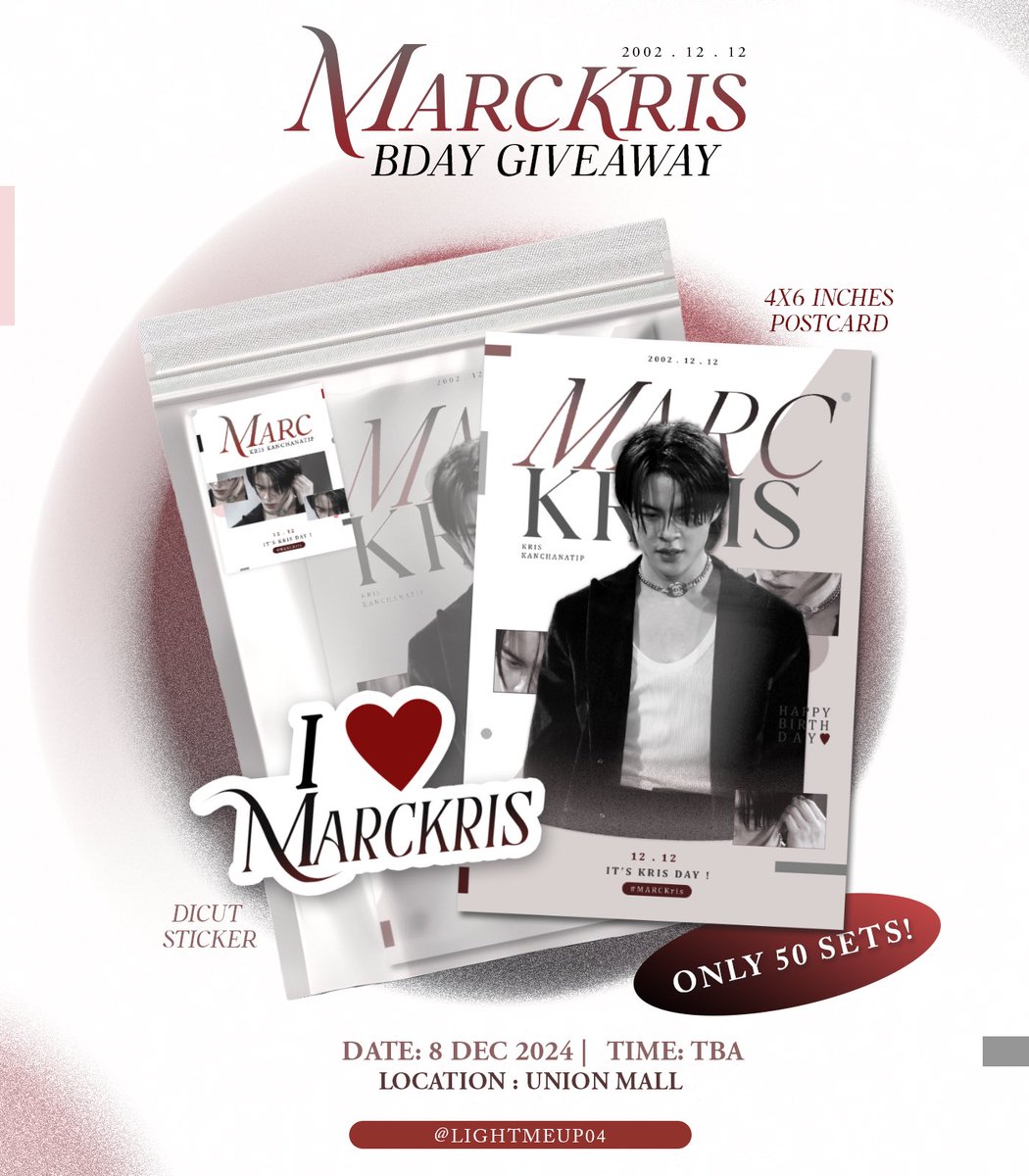 lightmeup04's tweet photo. ⋆౨ৎ˚⋆𝐆𝐈𝐕𝐄𝐀𝐖𝐀𝐘 𝐌𝐀𝐑𝐂𝐊𝐑𝐈𝐒 𝐃𝐀𝐘

✿ POSTCARD ✿
-50EA-

⌒♡ DATE : 8 DECEMBER 2024
⌒♡ TIME : TBA
⌒♡ LOCATION : UNION MALL BKK

♡*:･ RT &amp; SHOW THIS TWEET

 #MARCKRIS 
 #22ndMARCKRISquare https://t.co/qQr5uuhu5I