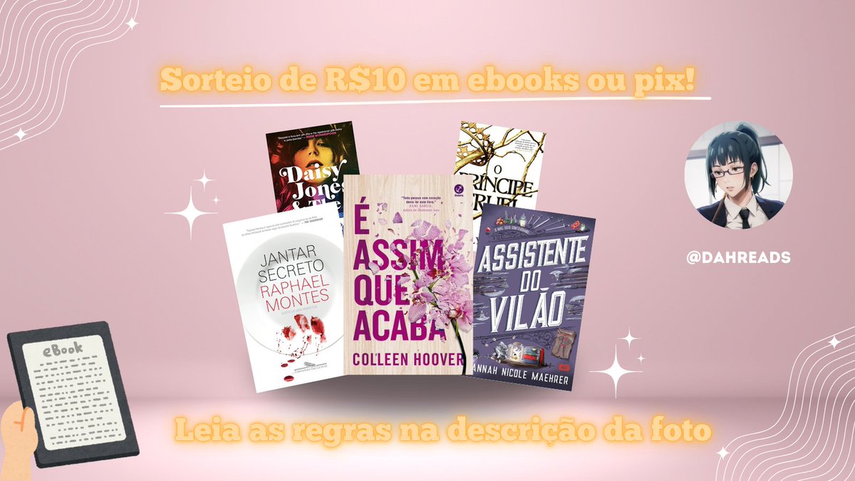 ✨SORTEIO VALENDO R$10 em EBOOKs ou PIX! ✨

📌Regras: 
- Me seguir @dahreads
- Curtir e dar rt sem citar nesse post
- Comentar qual prêmio prefere receber

🗓️Resultado: 07/12