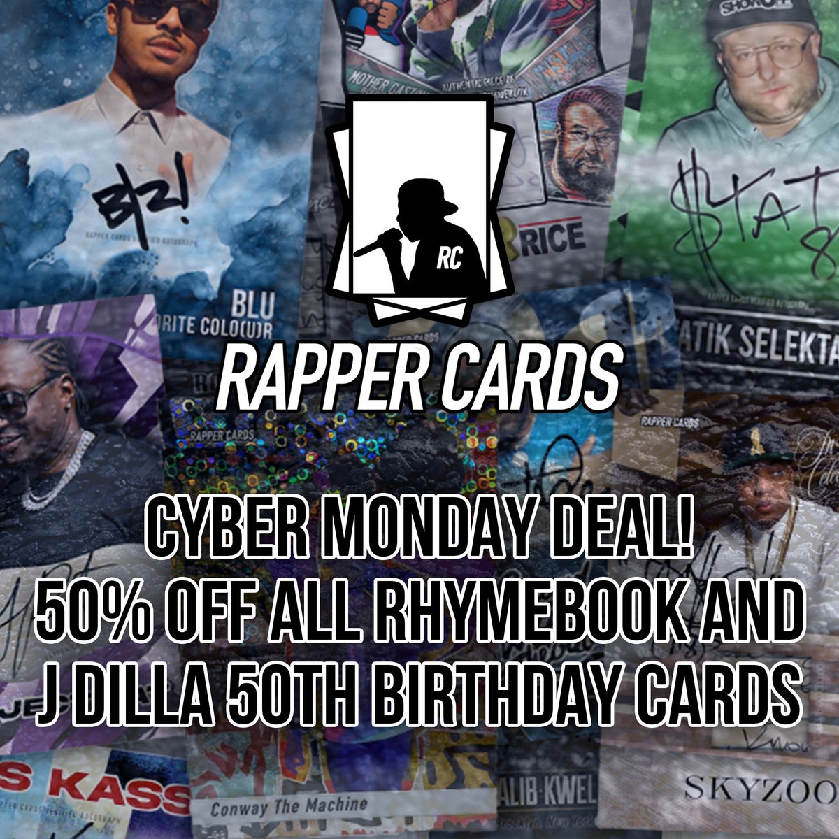 🔥 Cyber Monday Sale! 🔥 For today only, Rhymebook Cards and J Dilla 50th Birthday Trading Cards are 50% OFF!  

- Rhymebook Cards feature embedded pieces of actual handwritten lyric sheets, making them a one-of-a-kind collectible for true hip-hop fans.  
- J Dilla 50th Birthday