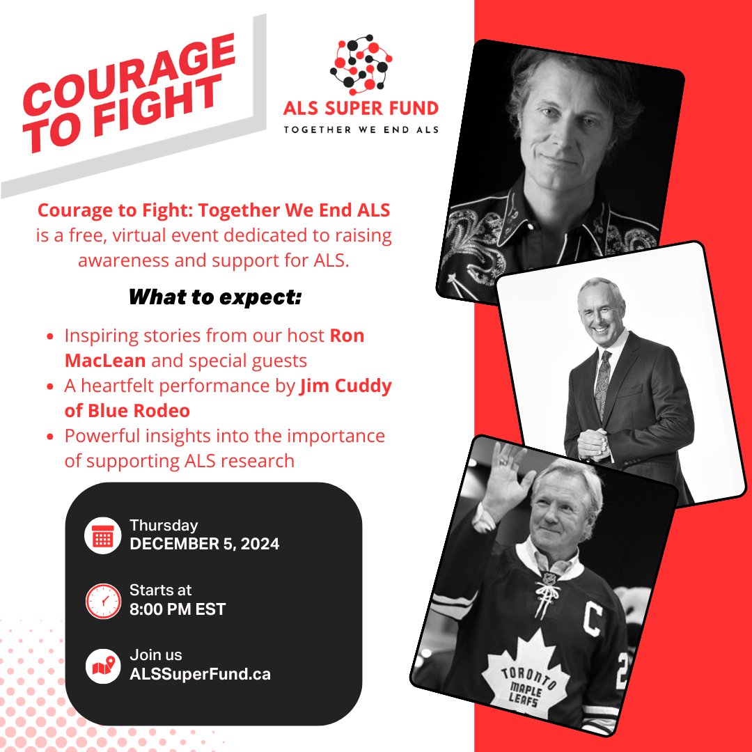 Don’t forget! 🎉 Join us for 'Courage to Fight' on December 5th at 8 PM EST! Hosted by Ron MacLean, this free event features a special performance by Jim Cuddy of Blue Rodeo and powerful stories from ALS Warriors. Let’s unite to raise awareness and support ALS research! 

Tune in