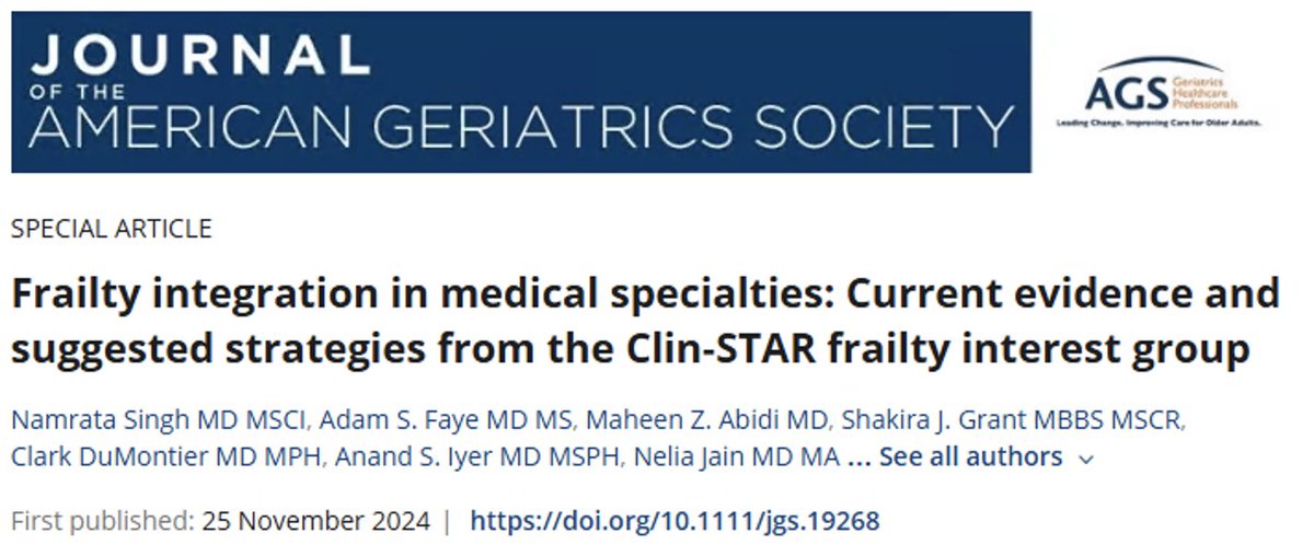 Clin-STAR Coordinating Center (@clinstarcc) on Twitter photo New Clin-STAR Interest Group Publication! Catch up with the Frailty Interest Group with their new special article "Frailty Integration in Medical Specialties" in <a href="/AGSJournal/">JAGS</a> here: bit.ly/49iZWDQ New Clin-STAR Interest Group Publication! Catch up with the Frailty Interest Group with their new special article "Frailty Integration in Medical Specialties" in <a href="/AGSJournal/">JAGS</a> here: bit.ly/49iZWDQ