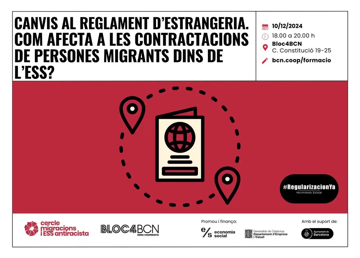 🔴 Canvis al reglament d’estrangeria. Com afecta a les contractacions de persones migrants dins de l’ESS?

ℹ️ Nova formació el proper 12 de desembre

➕ info: bcn.coop/formacio