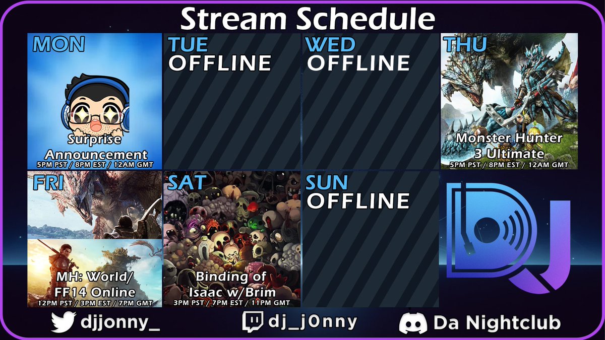 Starting off the week with a huge announcement that you don't wanna miss out on! Then doing more MH3U as well as World and FF14 this week. Finally, we'll be trying out the new multiplayer update on Isaac with <a href="/br1mst0ne_/">BR1MST0NE_ | INACTIVE |</a>. Trust when I say, it shall be chaotic! Catch y'all later!